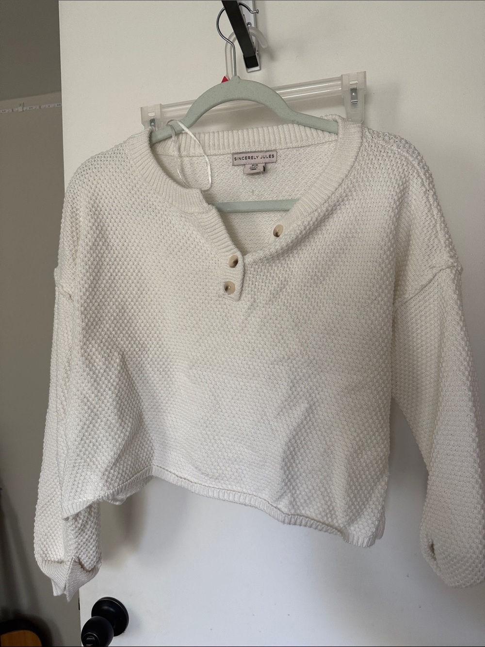 Sincerly Jules Off-White Knit Henley Sweatshirt with Button Placket